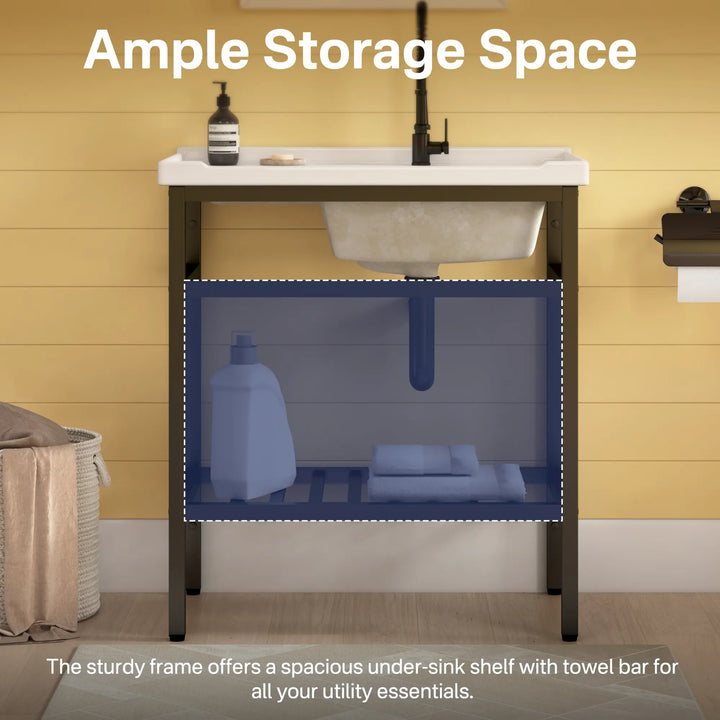 White laundry sink with black stand and storage shelf