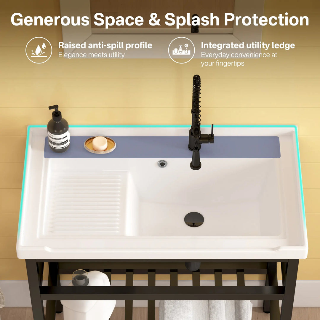 White farmhouse sink with anti-splash edge and utility ledge