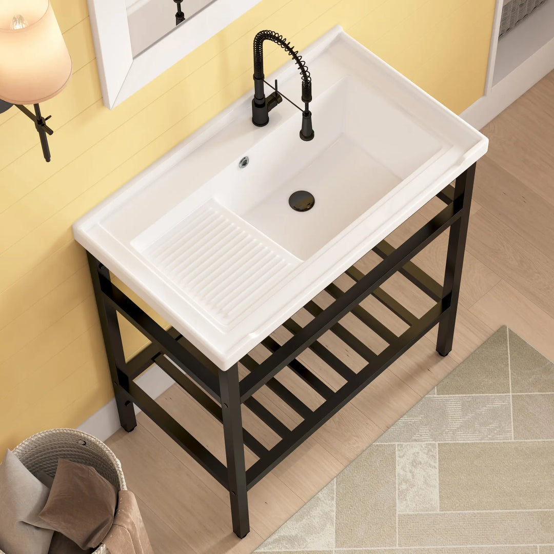 White ceramic sink with washboard and black console stand