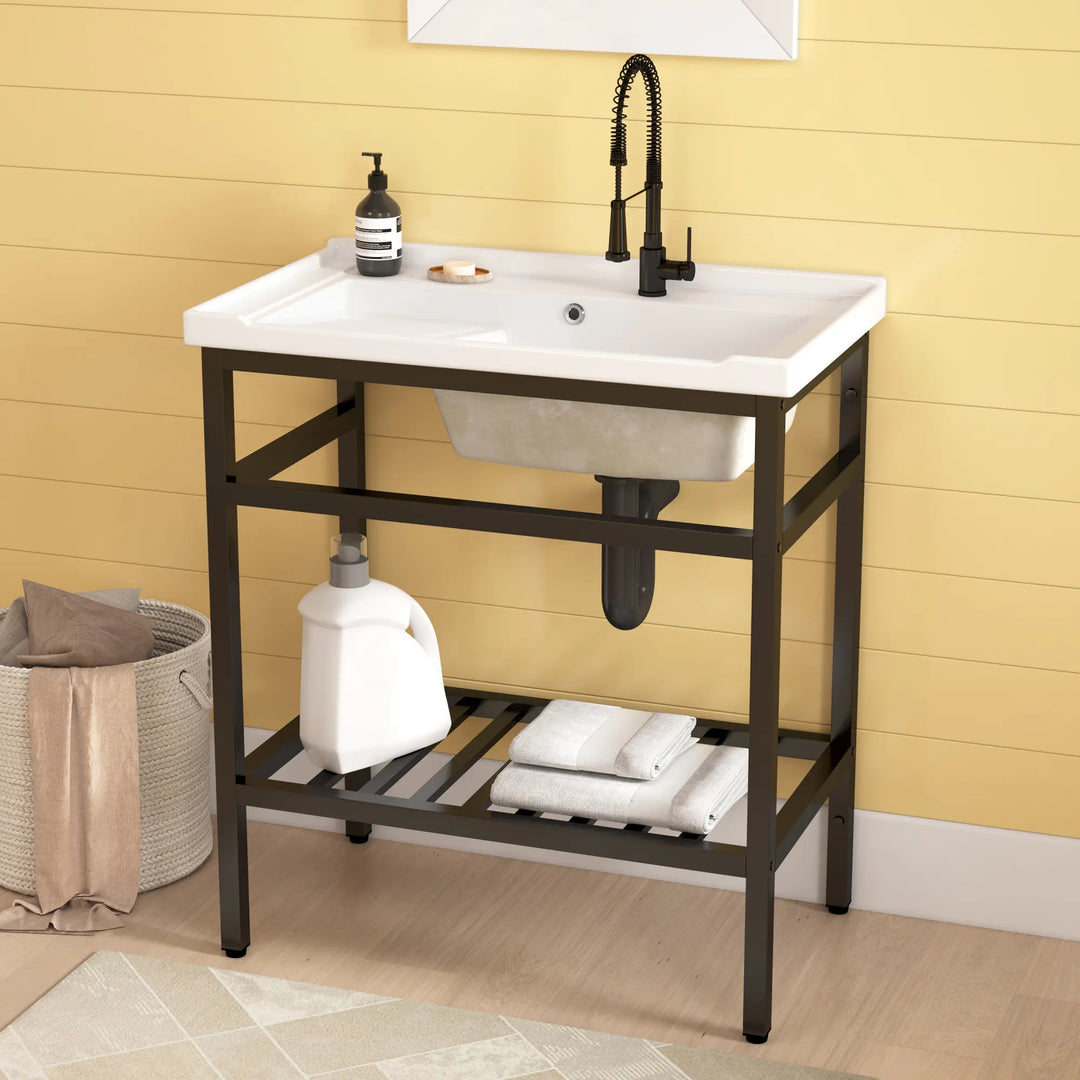 White farmhouse sink with black metal frame and open shelf