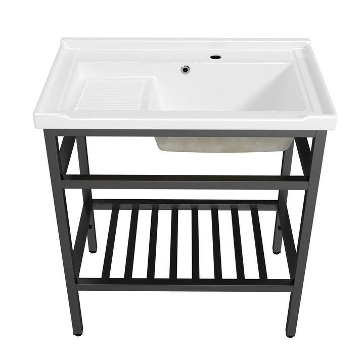 White farmhouse sink with drainboard and black metal base