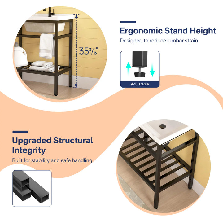 35-inch ergonomic black metal sink stand with adjustable feet