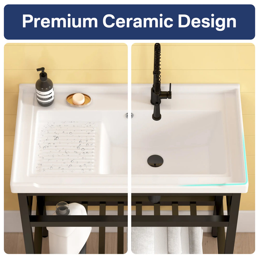White ceramic utility sink with integrated washboard