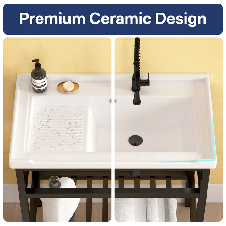 White ceramic utility sink with integrated washboard