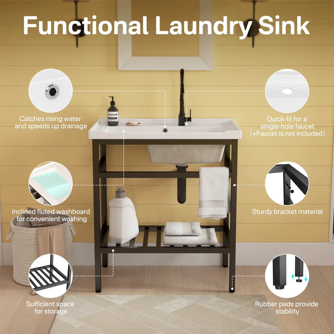 White ceramic laundry sink with washboard and black stand