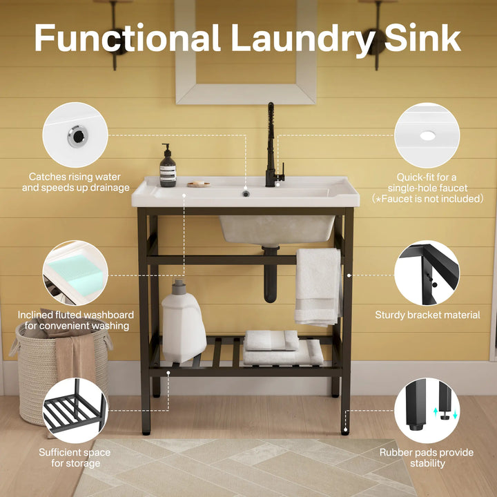 White ceramic laundry sink with washboard and black stand