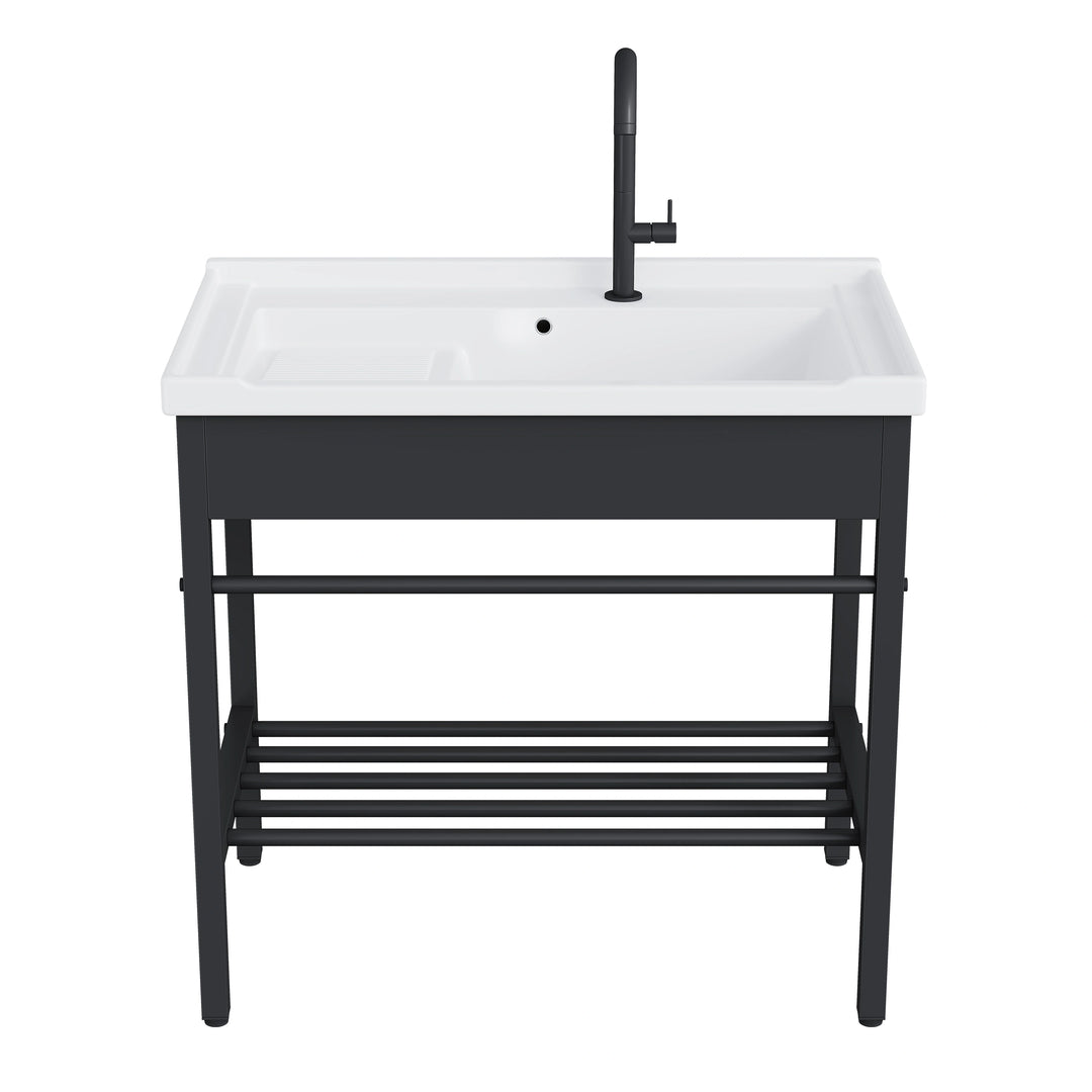 Branson 32" Freestanding Laundry Sink with Integrated Washboard and Black Metal Frame