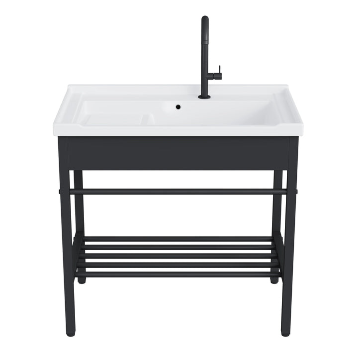 Branson 32" Freestanding Laundry Sink with Integrated Washboard and Black Metal Frame