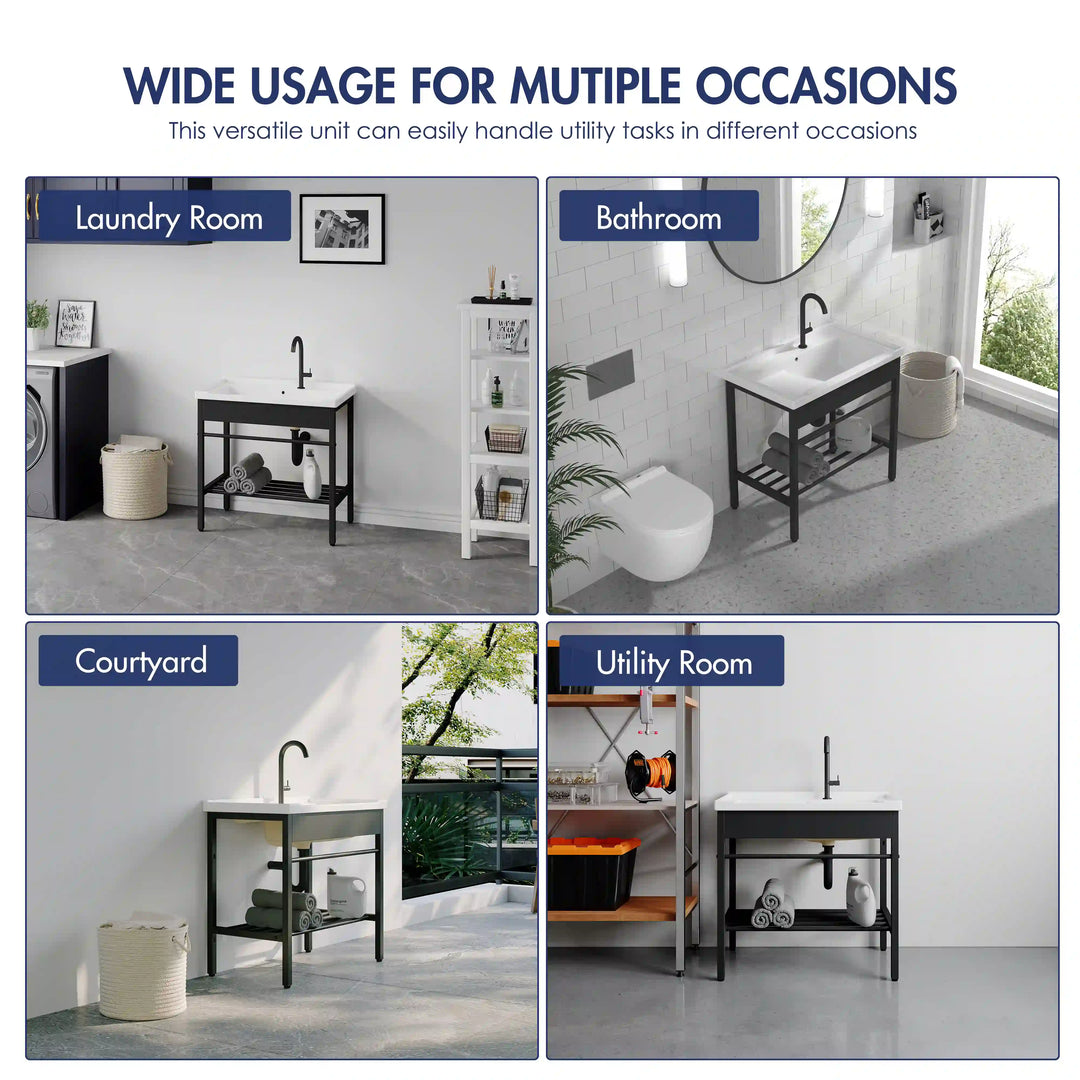 Branson 32" Freestanding Laundry Sink with Integrated Washboard and Black Metal Frame