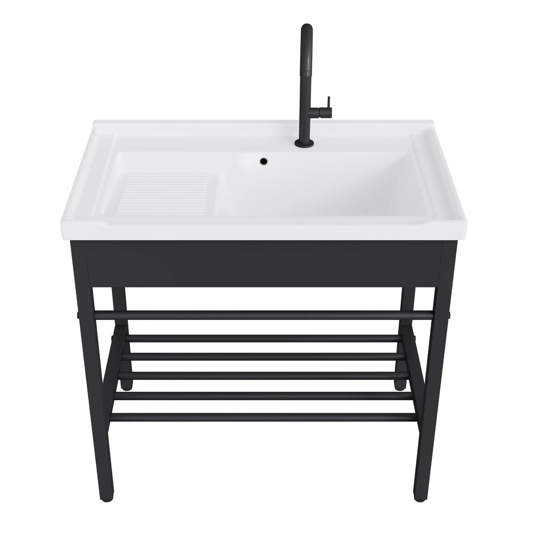Branson 32" Freestanding Laundry Sink with Integrated Washboard and Black Metal Frame