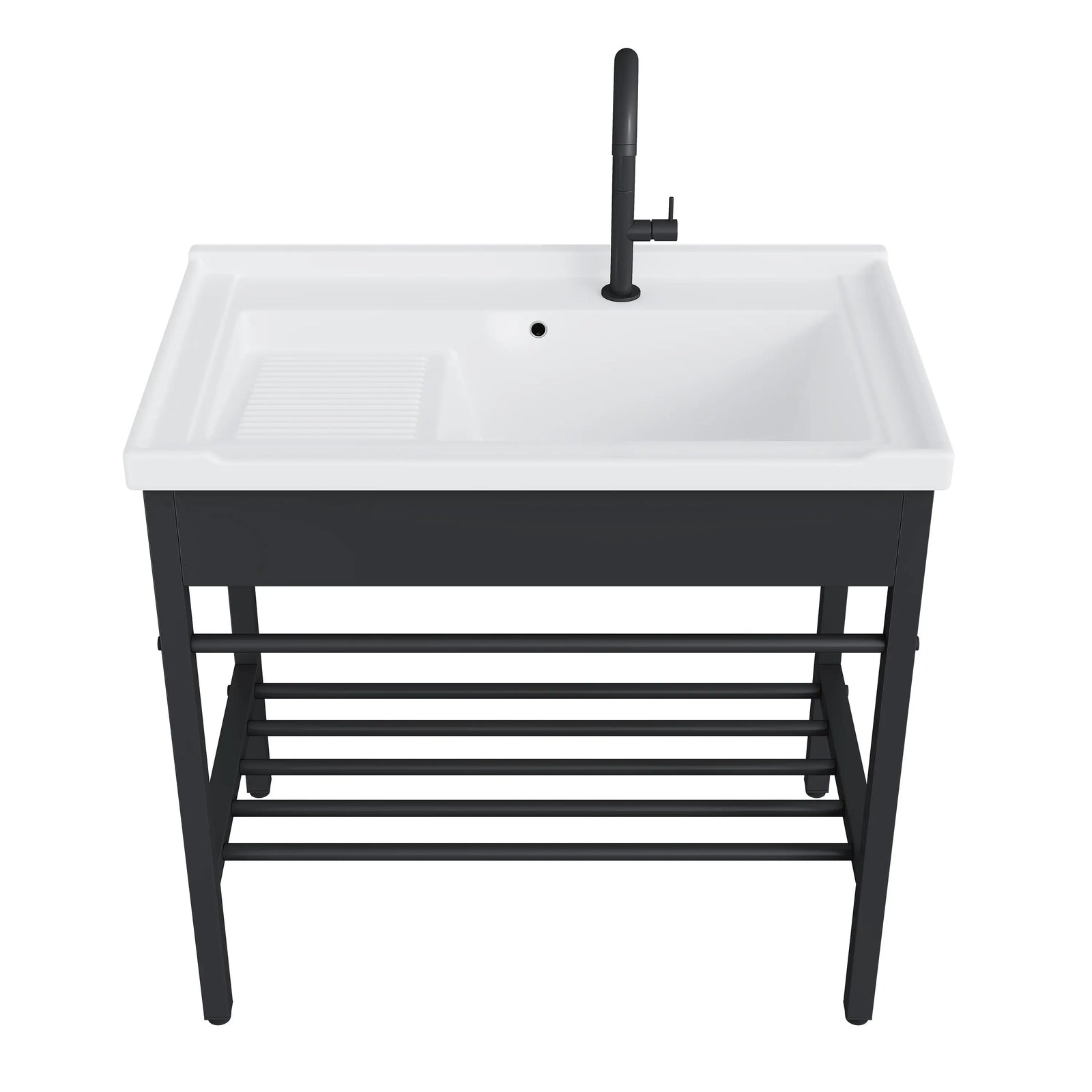 White ceramic utility sink with integrated washboard and black metal console stand.