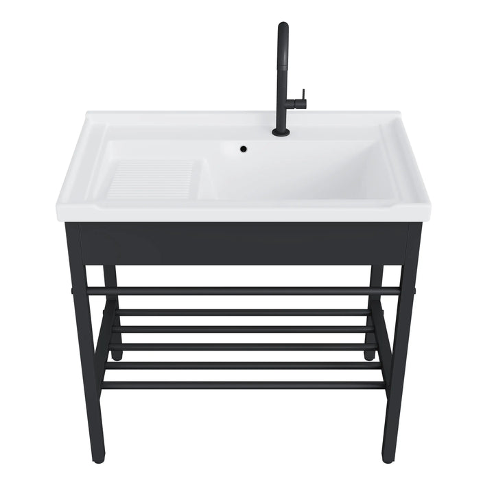 Branson 32" Freestanding Laundry Sink with Integrated Washboard and Black Metal Frame