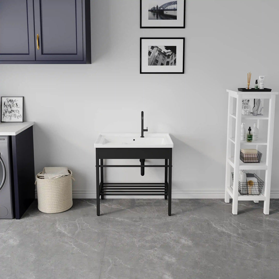Branson 32" Freestanding Laundry Sink with Integrated Washboard and Black Metal Frame