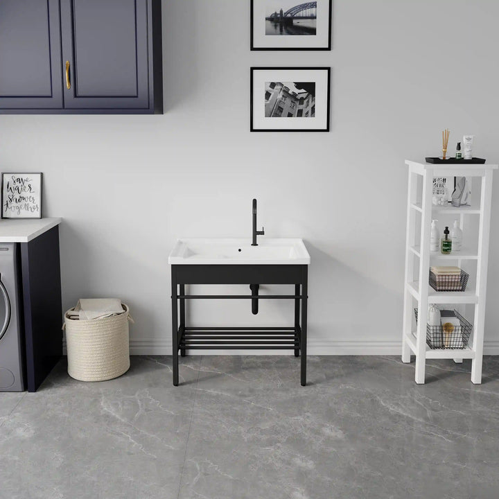 Branson 32" Freestanding Laundry Sink with Integrated Washboard and Black Metal Frame