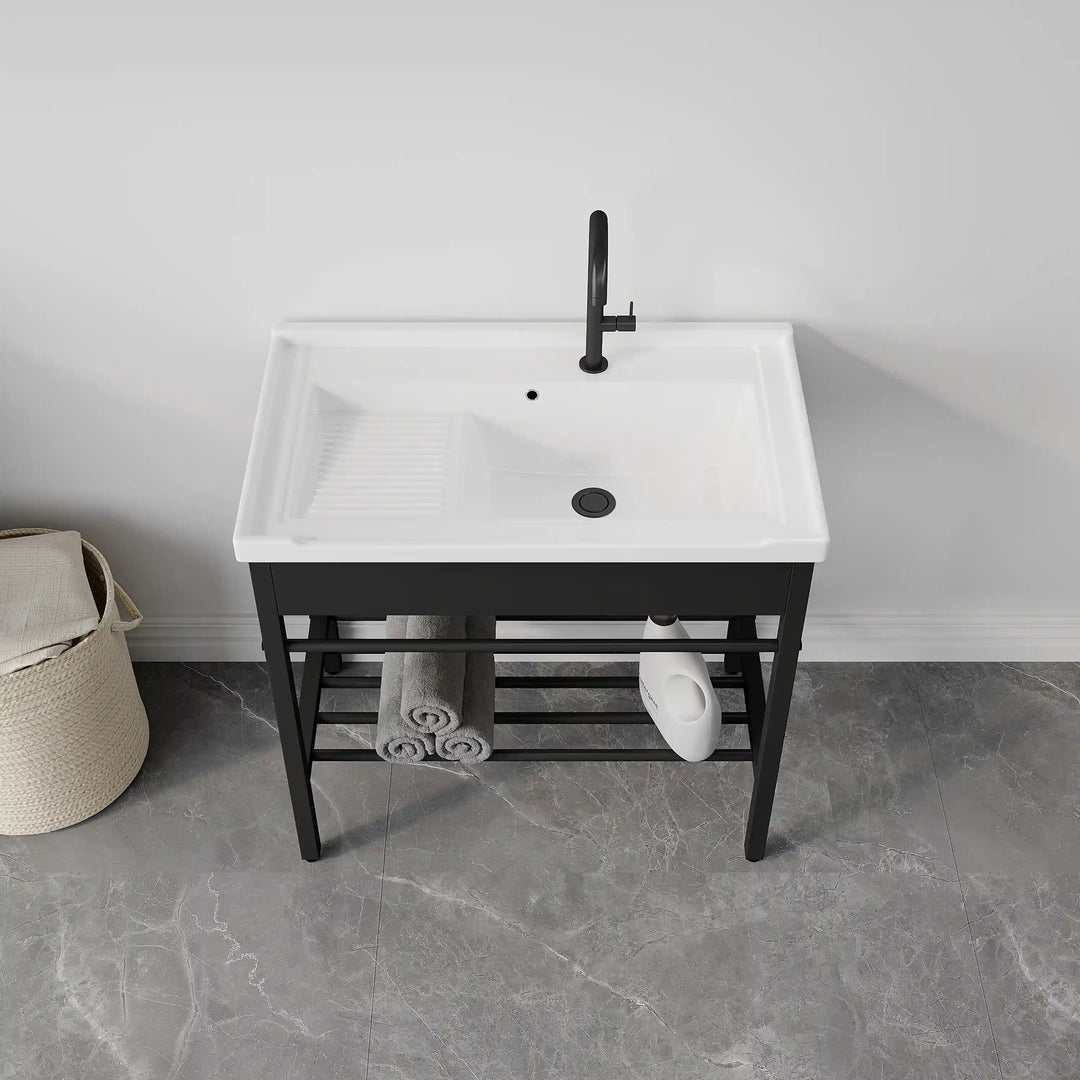 Branson 32" Freestanding Laundry Sink with Integrated Washboard and Black Metal Frame