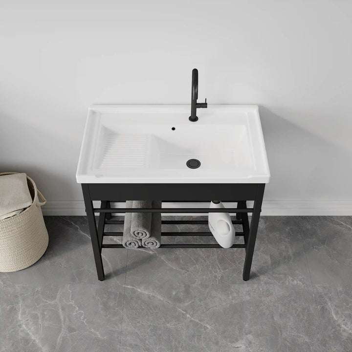 Branson 32" Freestanding Laundry Sink with Integrated Washboard and Black Metal Frame