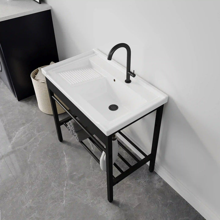 Branson 32" Freestanding Laundry Sink with Integrated Washboard and Black Metal Frame