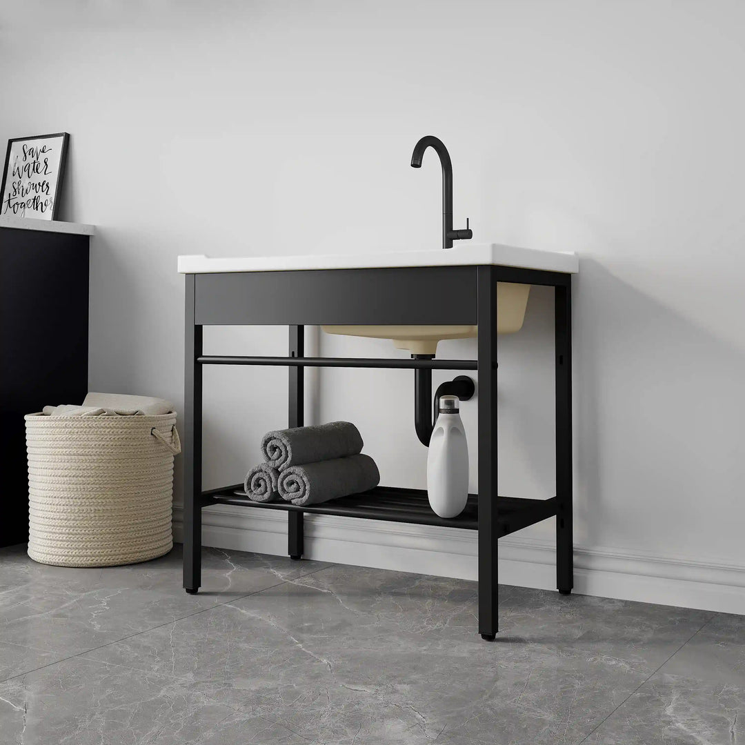 Branson 32" Freestanding Laundry Sink with Integrated Washboard and Black Metal Frame