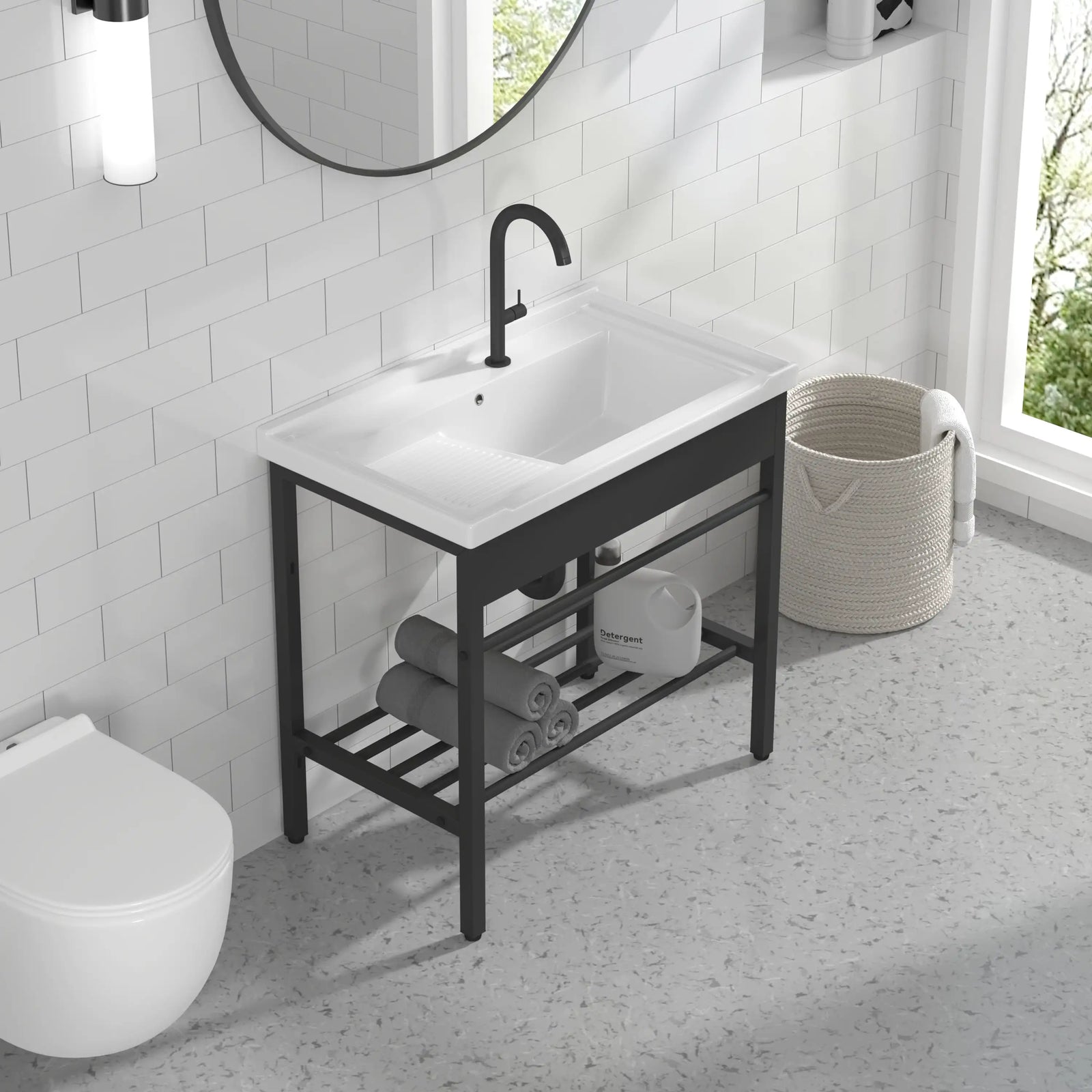 Black metal utility sink stand with slatted storage shelf and faucet.