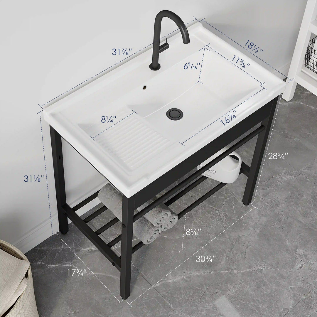 Branson 32" Freestanding Laundry Sink with Integrated Washboard and Black Metal Frame