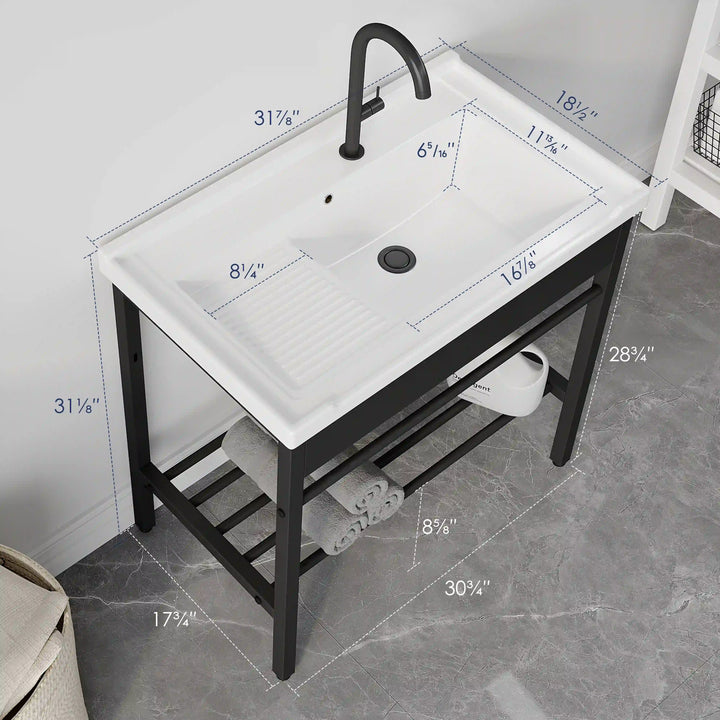 Branson 32" Freestanding Laundry Sink with Integrated Washboard and Black Metal Frame