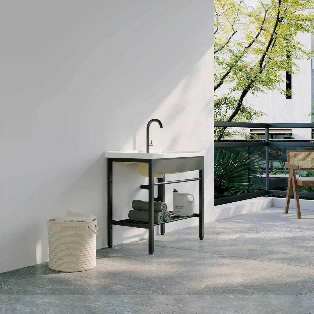 Branson 32" Freestanding Laundry Sink with Integrated Washboard and Black Metal Frame