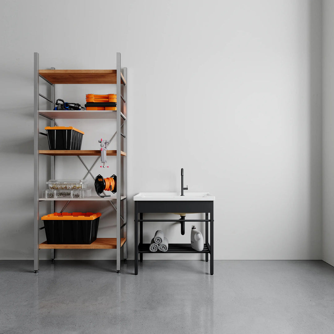 Branson 32" Freestanding Laundry Sink with Integrated Washboard and Black Metal Frame