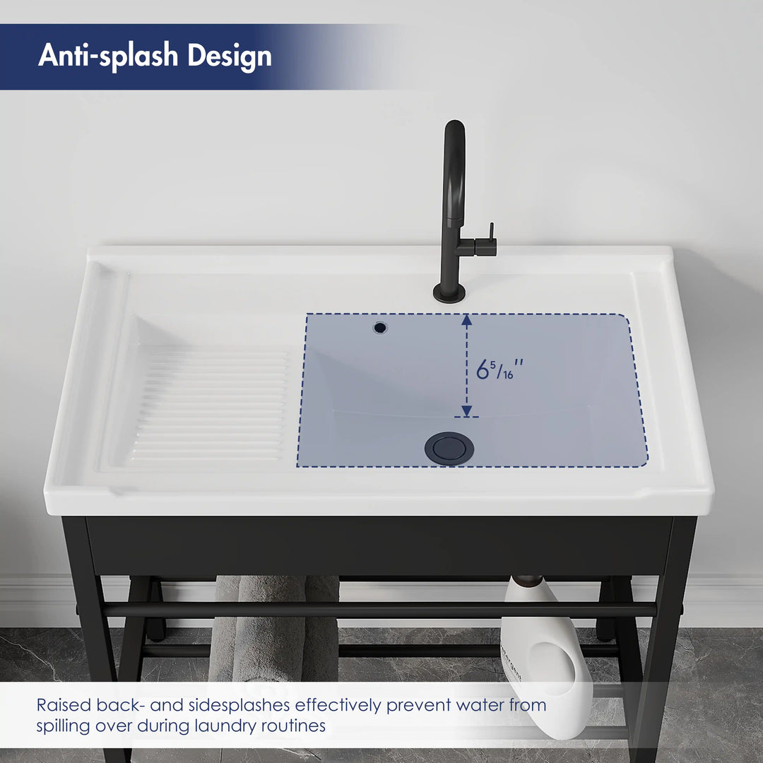 Branson 32" Freestanding Laundry Sink with Integrated Washboard and Black Metal Frame