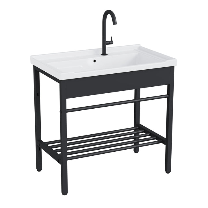 Branson 32" Freestanding Laundry Sink with Integrated Washboard and Black Metal Frame