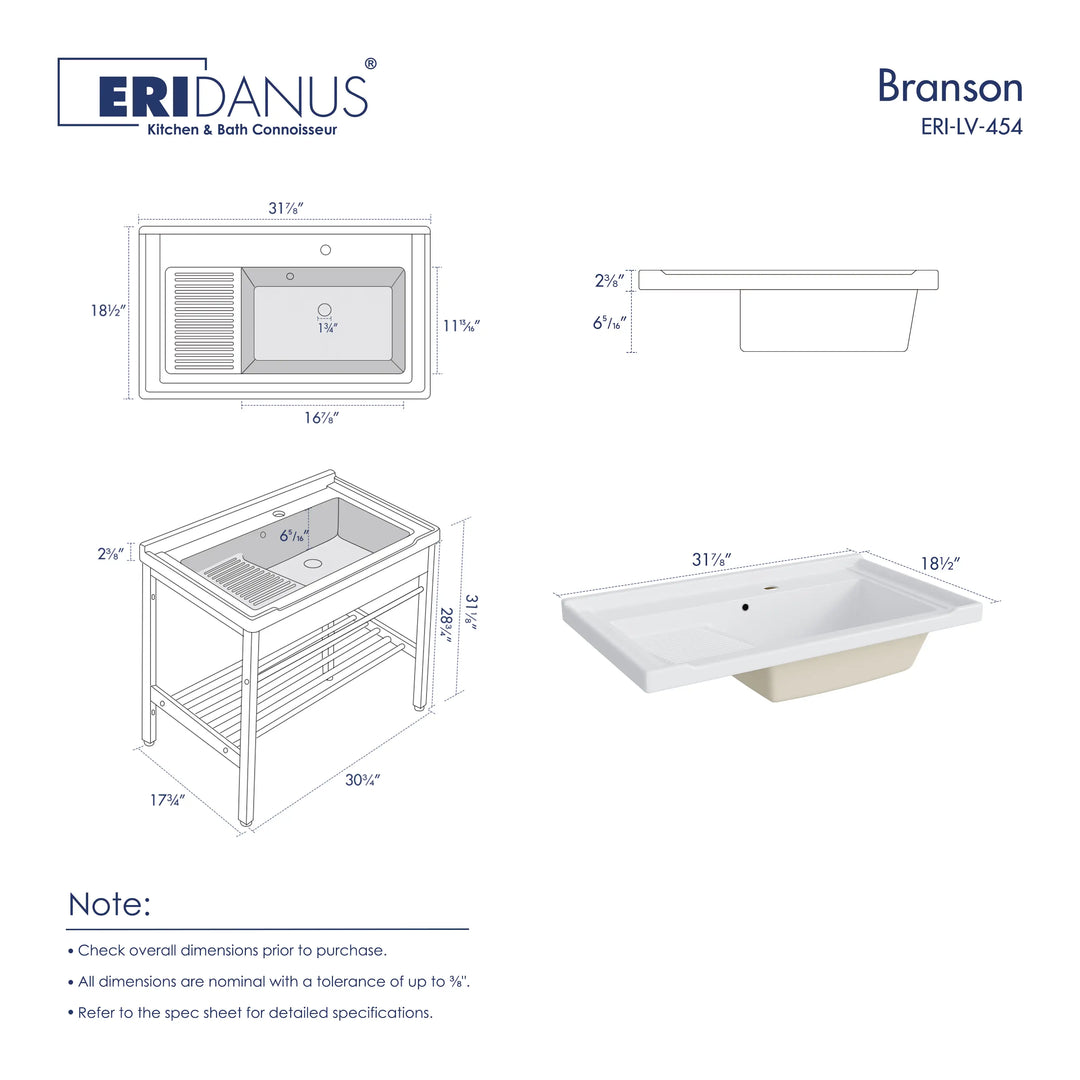 White farmhouse sink with drainboard and detailed dimensions diagram