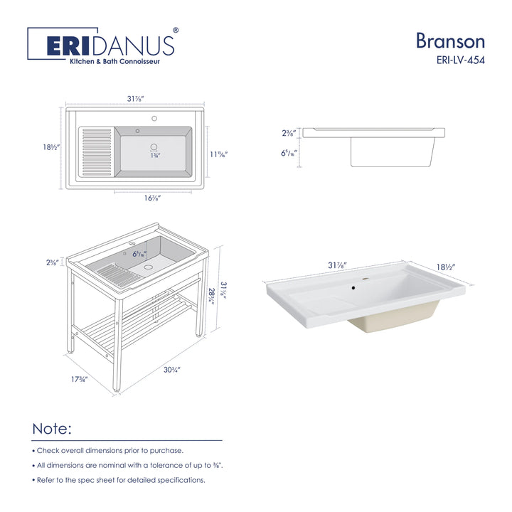White farmhouse sink with drainboard and detailed dimensions diagram