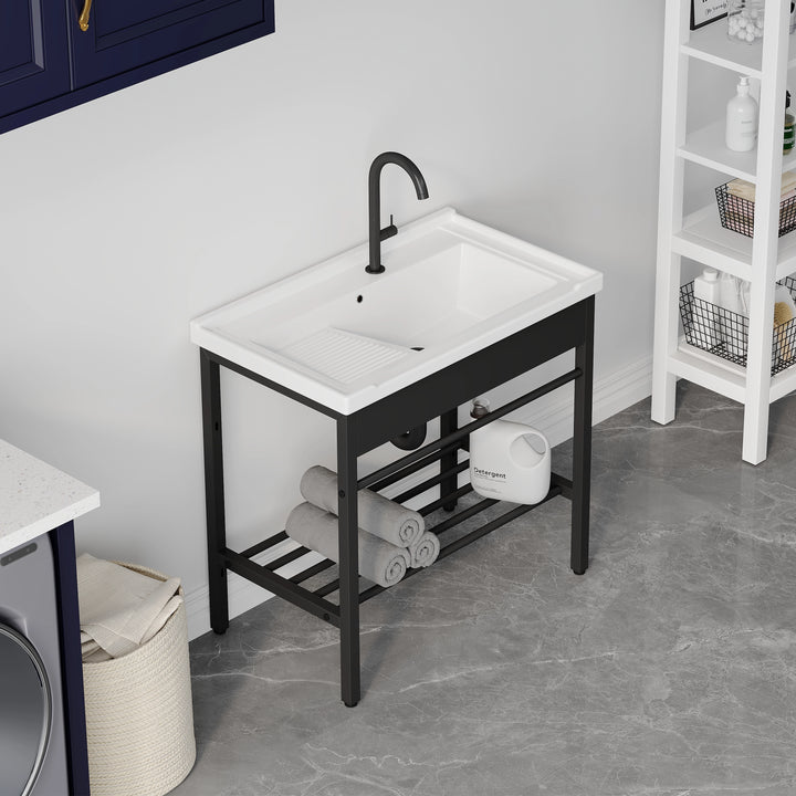 Branson 32" Freestanding Laundry Sink with Integrated Washboard and Black Metal Frame