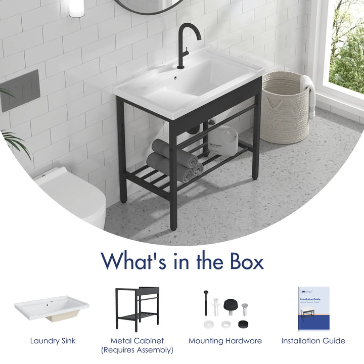 Branson 32" Freestanding Laundry Sink with Integrated Washboard and Black Metal Frame