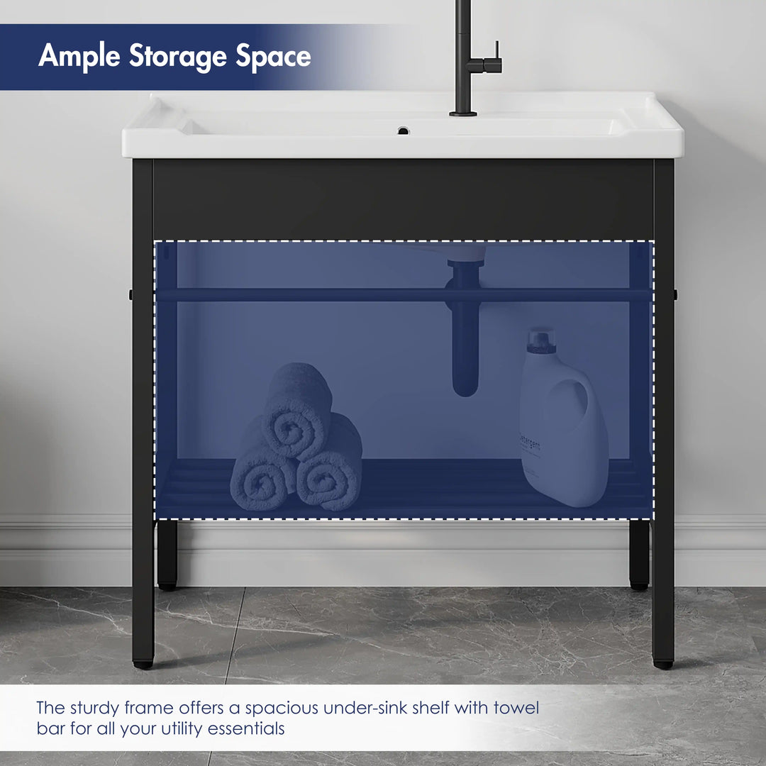 Branson 32" Freestanding Laundry Sink with Integrated Washboard and Black Metal Frame