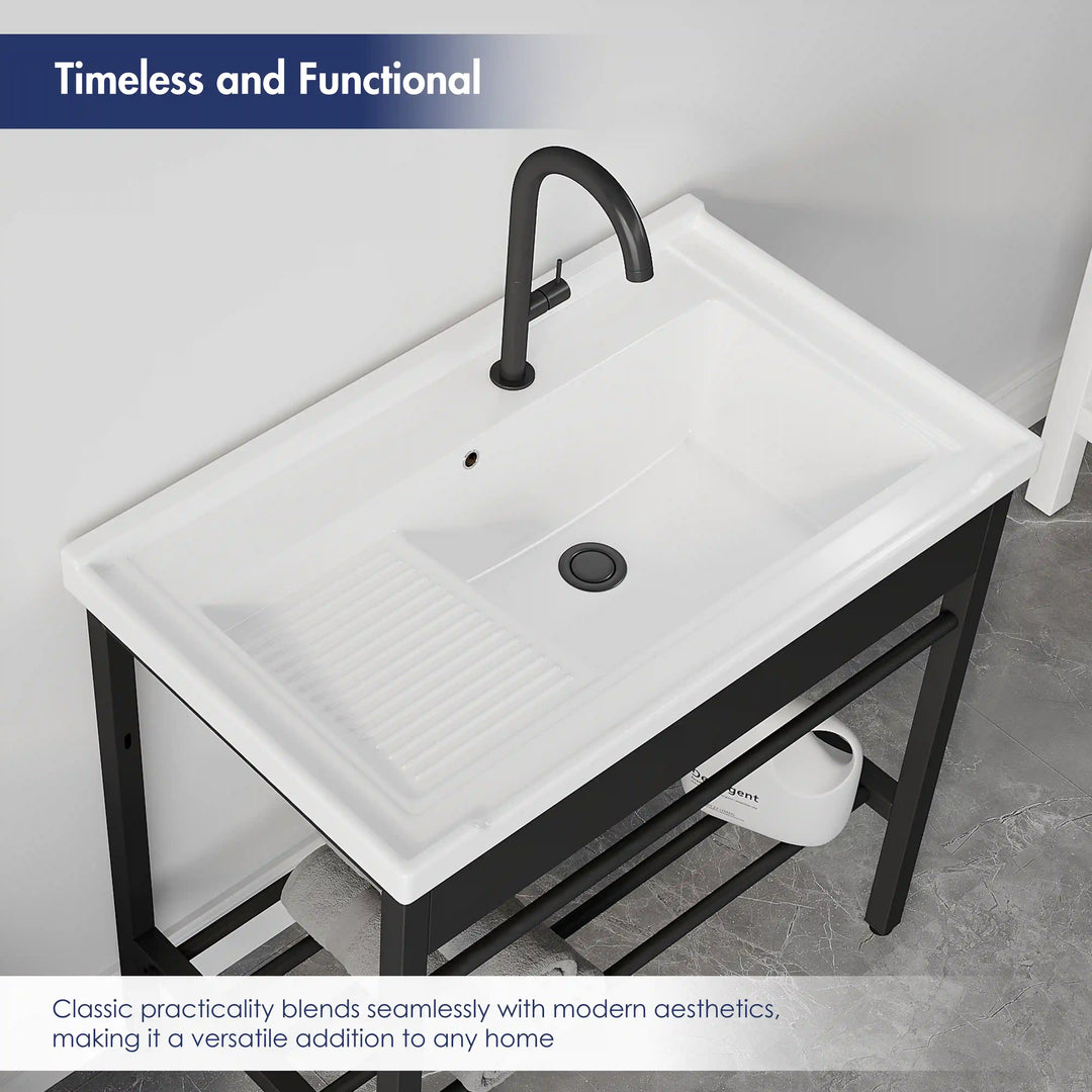 Branson 32" Freestanding Laundry Sink with Integrated Washboard and Black Metal Frame
