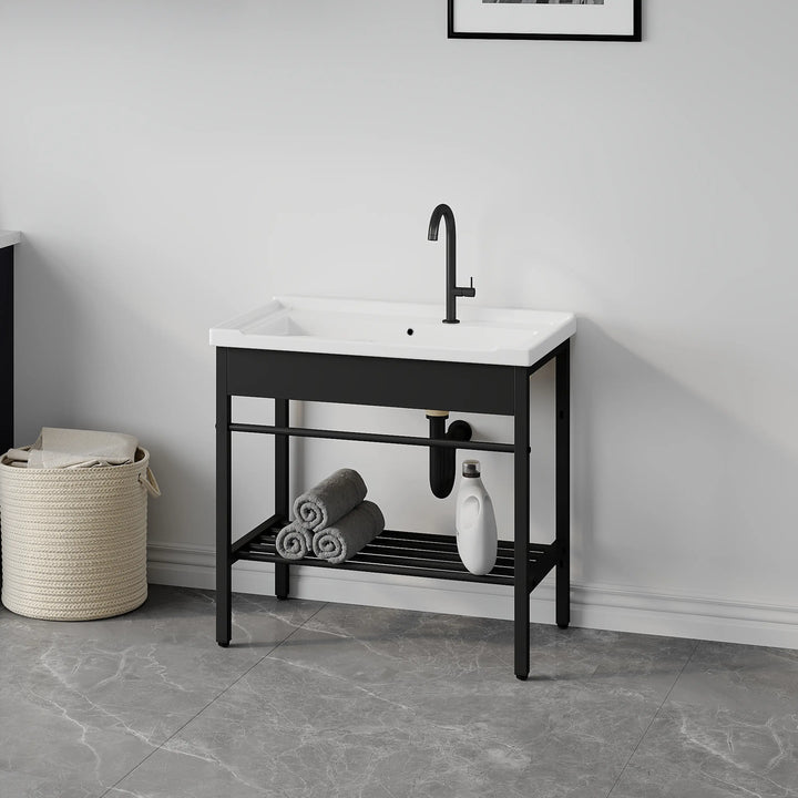 Branson 32" Freestanding Laundry Sink with Integrated Washboard and Black Metal Frame