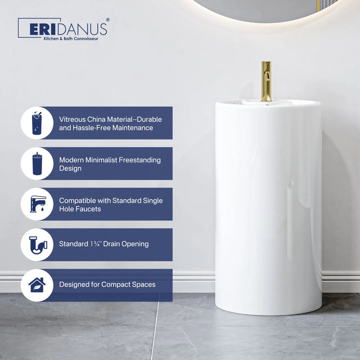 White freestanding pedestal sink with gold faucet and compact design