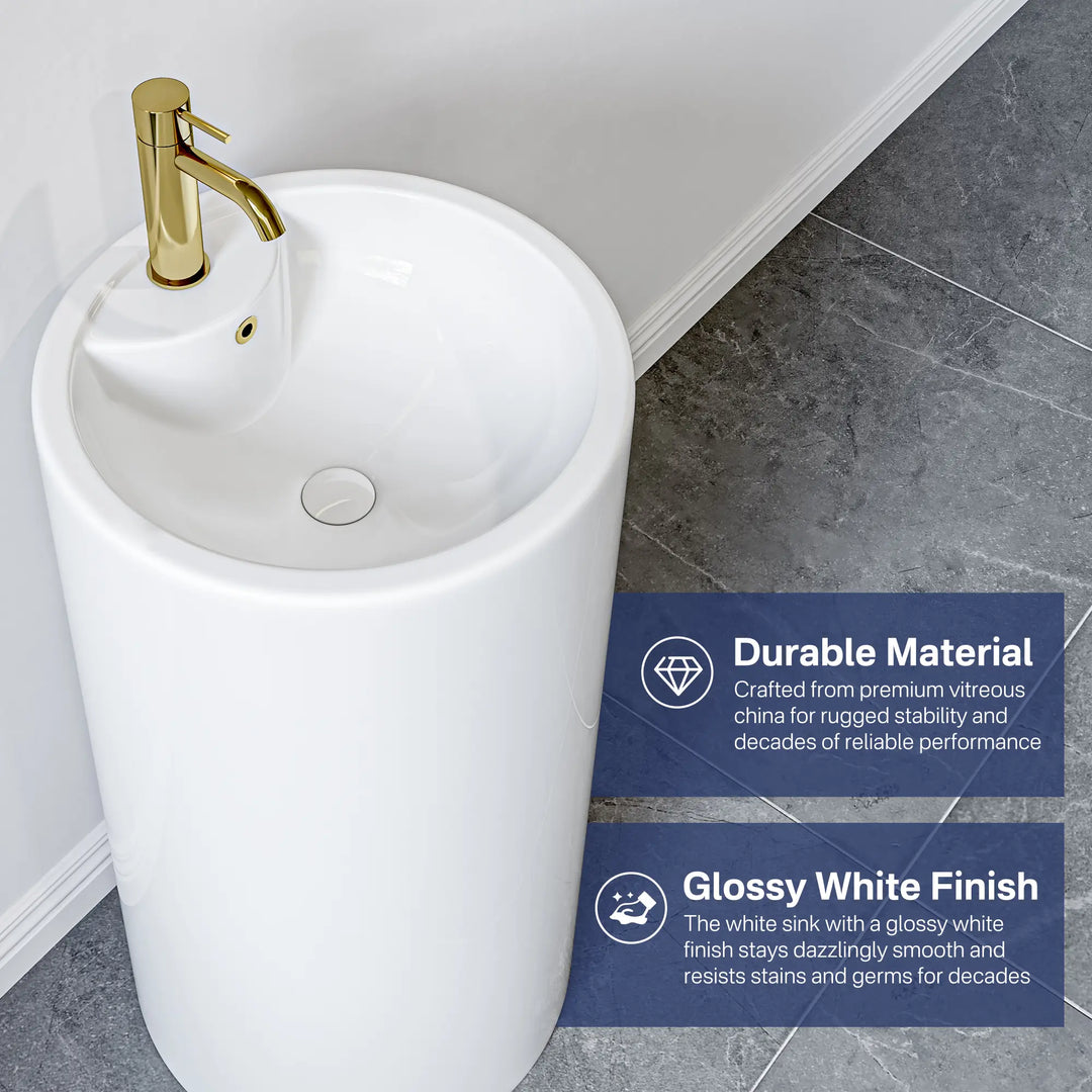 White pedestal sink with glossy finish and gold faucet