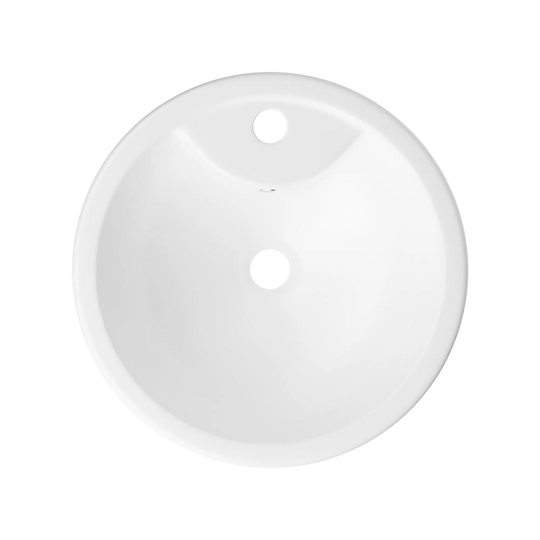 Round white ceramic bathroom sink with single faucet hole