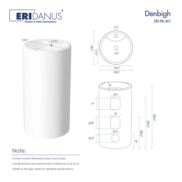 18-inch round white ceramic pedestal sink dimension chart