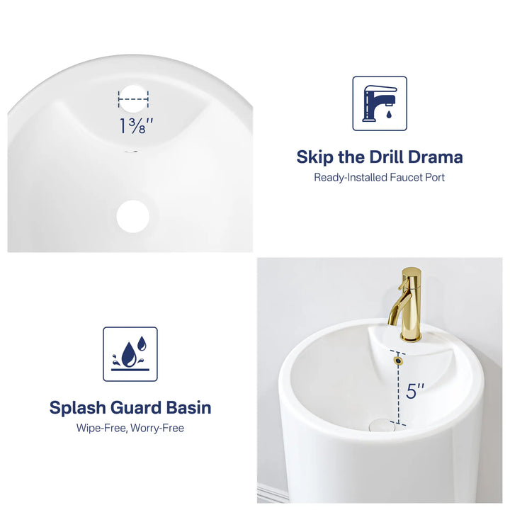 White pedestal sink with pre-drilled faucet hole and splash guard