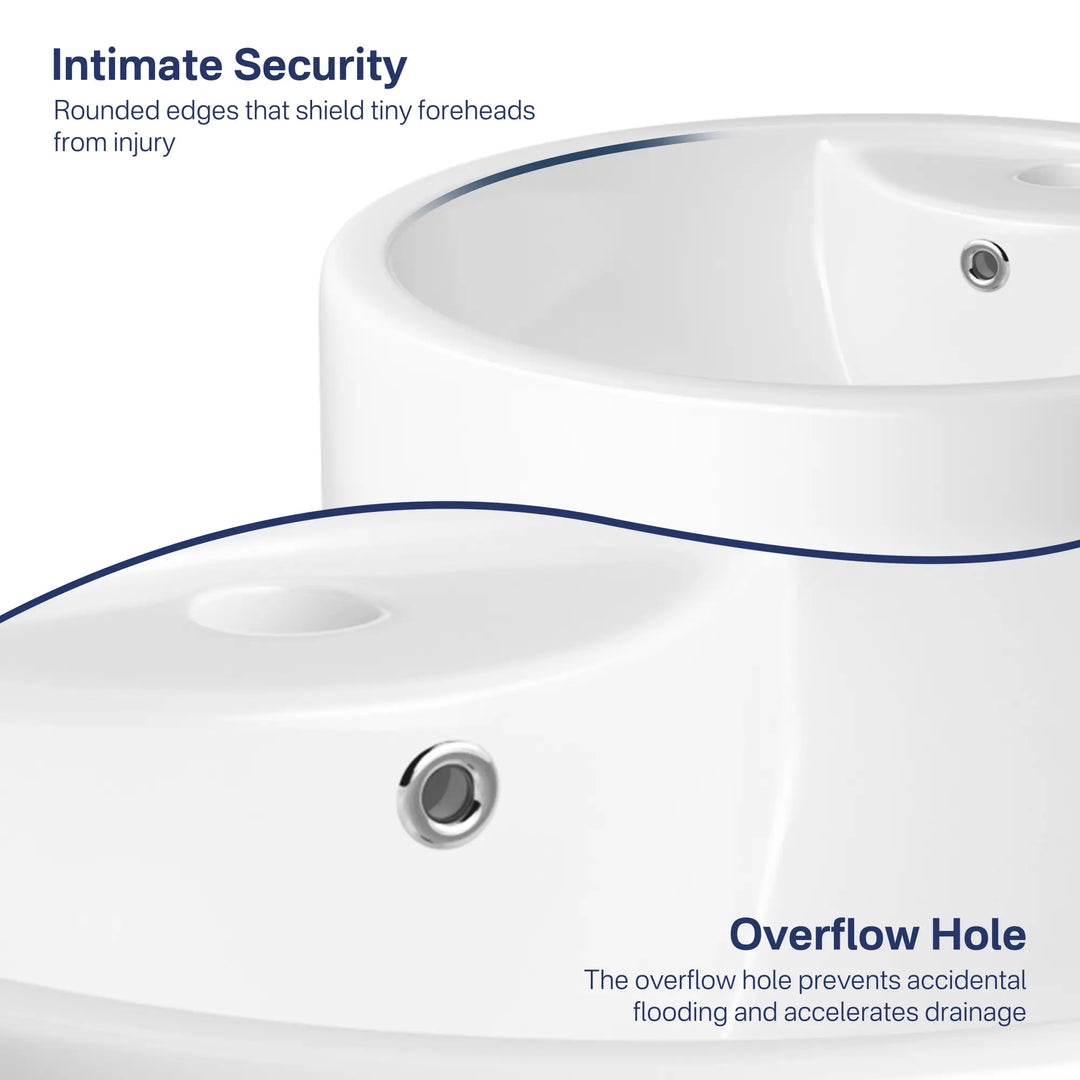 White pedestal sink with rounded edges and overflow hole