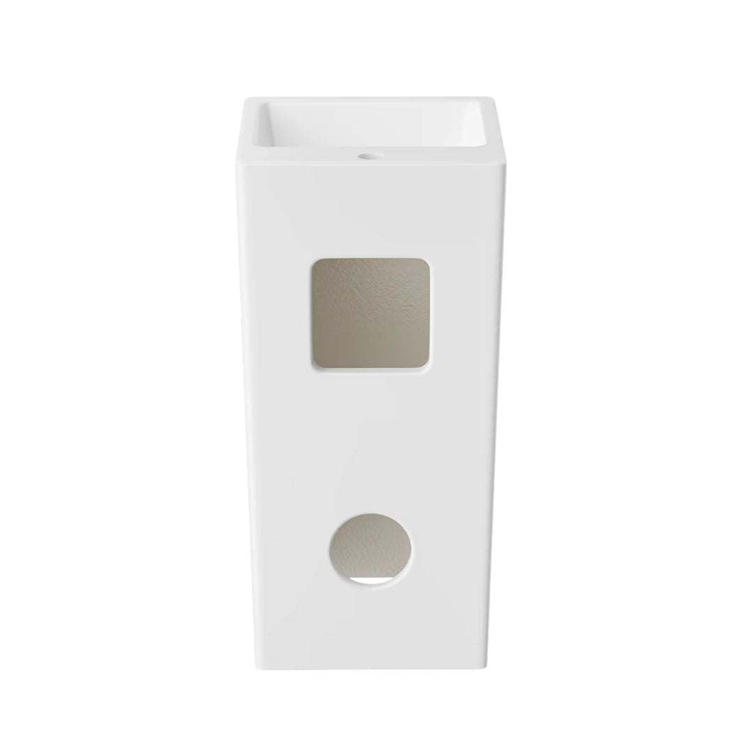 White ceramic freestanding pedestal sink rear view with pipe and mounting cutouts