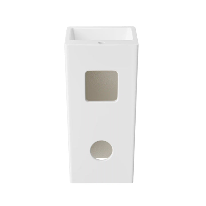 White ceramic freestanding pedestal sink rear view with pipe and mounting cutouts