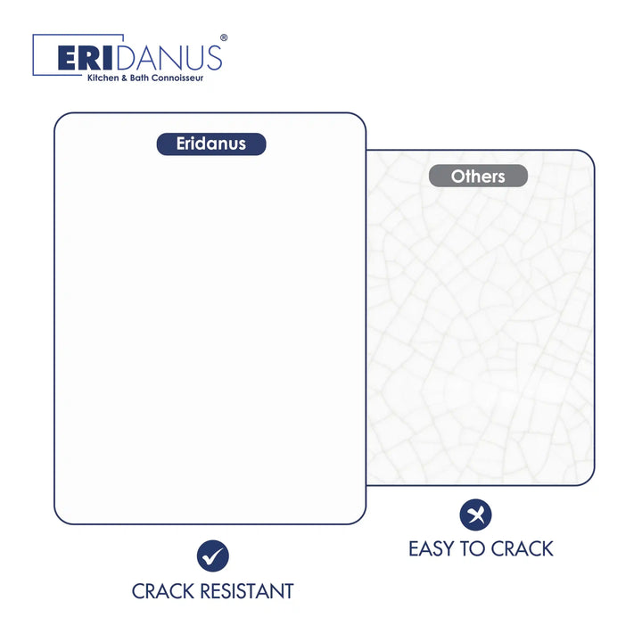 Crack-resistant smooth ceramic sink surface vs crack-prone textured competitor basin comparison graphic