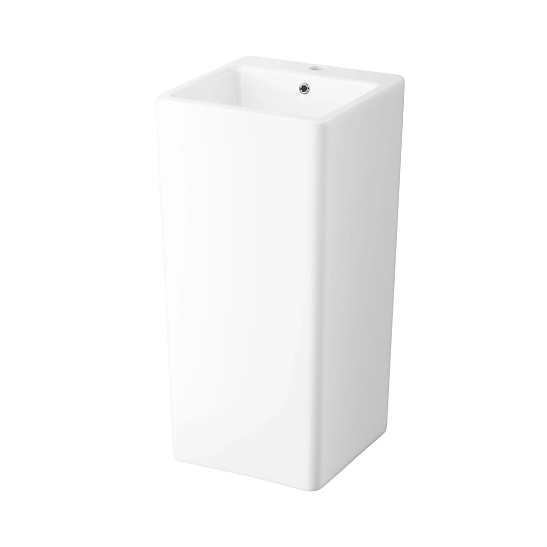 White ceramic square freestanding pedestal sink with single faucet hole and overflow