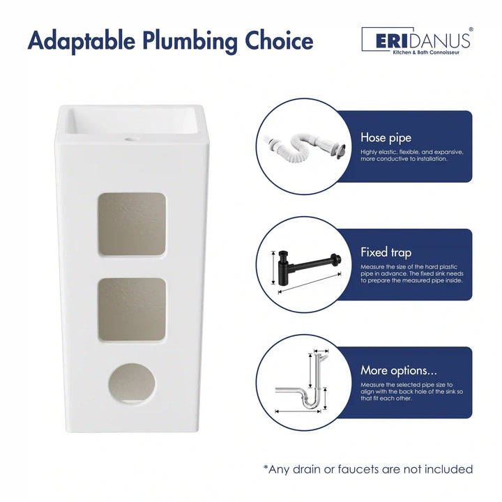 White ceramic tall pedestal sink with multi-size rear cutouts, flexible plumbing installation options diagram