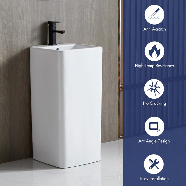 White ceramic rounded corner freestanding pedestal sink, scratch resistant, easy install basin with matte black faucet