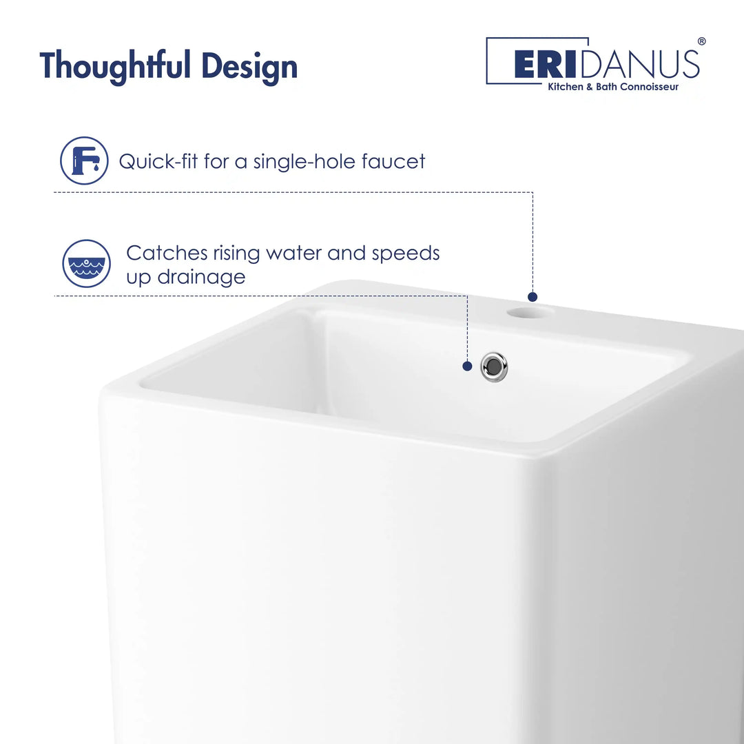 White ceramic pedestal sink detail, single faucet hole &amp; overflow fast drainage design