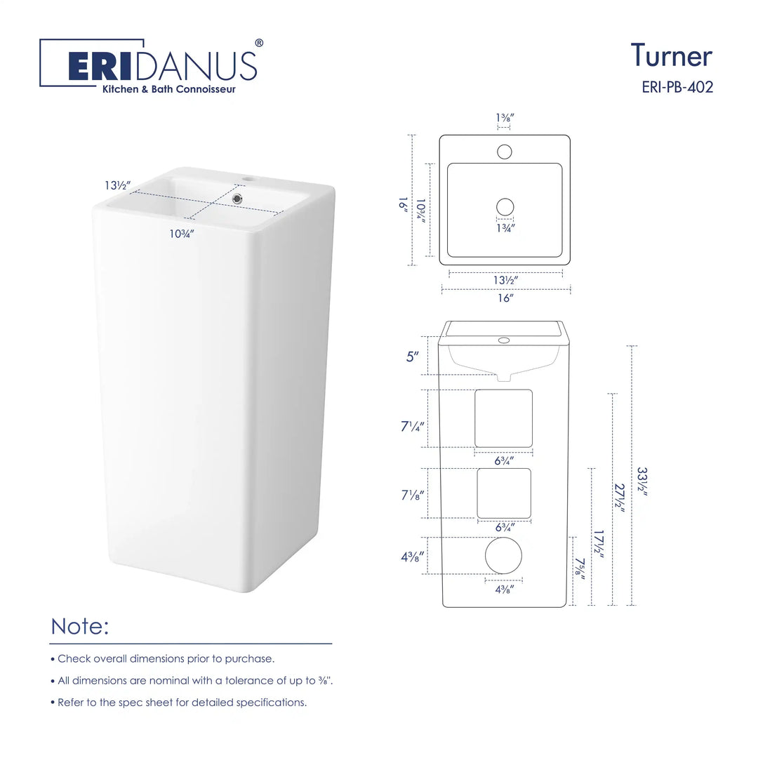 White ceramic square freestanding pedestal sink with technical dimension drawing, Turner ERI-PB-402 bathroom basin